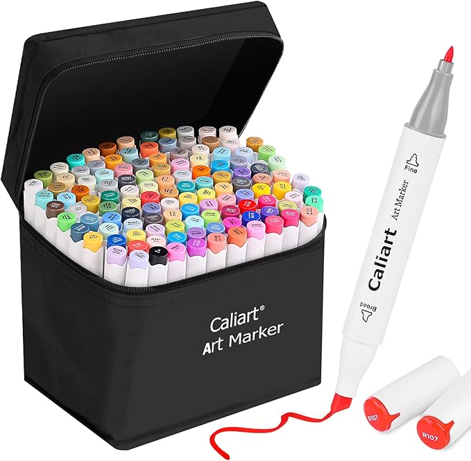 Caliart 121 Colors Alcohol Based Markers, Dual Tip Art Marker Set Chisel & Fine, Permanent Colored Pens for Adults Coloring Book Artists Sketch Illustration Drawing Supplies Gifts