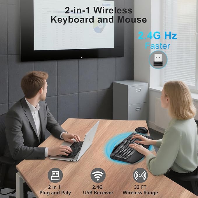 Wireless Keyboard and Mouse Combo, 2.4G Full Size Wave Keys Ergonomic Keyboard with Wrist Rest, Phone Holder, 3-Level DPI Wireless Silent Mouse with 6-Buttons, for Windows, Mac OS, Laptop, PC (Black)