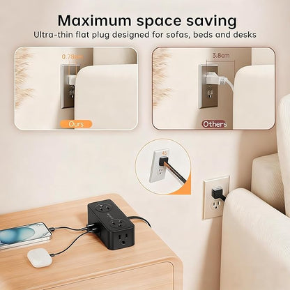 SMALLRT Thin Flat Extension Cord with USB C, Small Flat Plug Power Strip with 4 AC Outlets 3 USB (1 USB C), 6.5FT Small Power Strip Wall Mountable Cruise Ship, Travel, Home (Black, 16.5 FT)