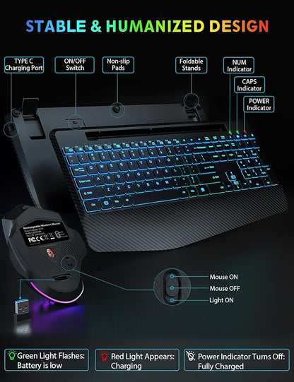 Wireless Keyboard and Mouse Backlits, Wrist Rest, LED Mouse, Rechargeable Ergonomic Keyboard with Phone Holder, Silent Light Up Combo for Computer, Mac, PC, Laptop, Chromebook (Black)