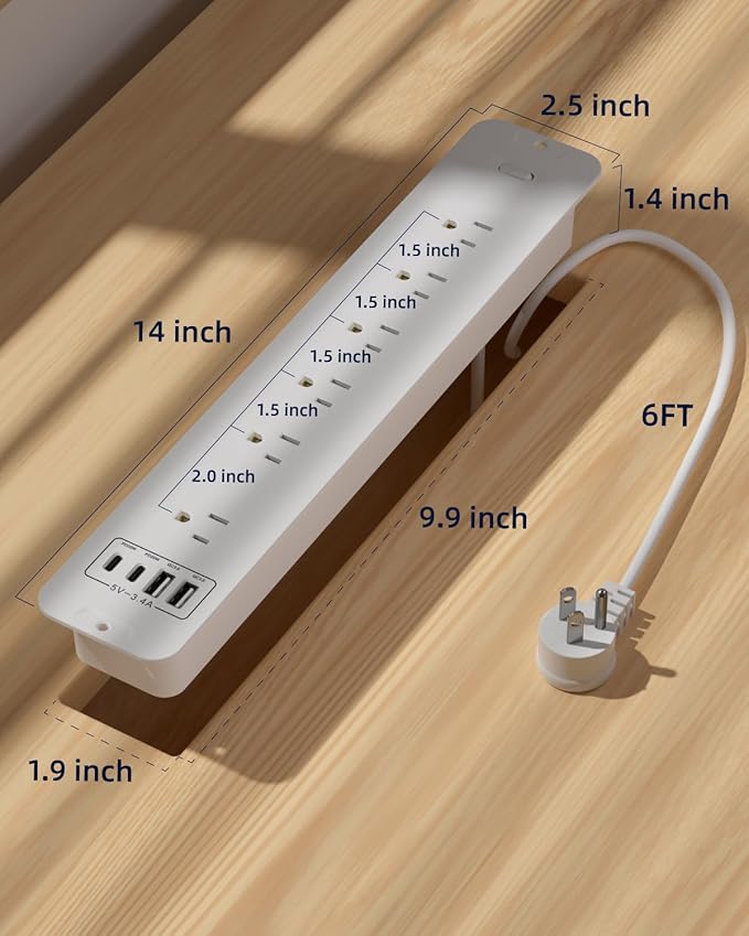 Recessed Power Strip Extension - 10 Outlet Surge Protector with 6 AC - 2 USB-A（18W） and 2 USB-C（PD20W） Ports - Flush Mount Desk Outlet with 6 Feet Cord - for Conference Table (White)