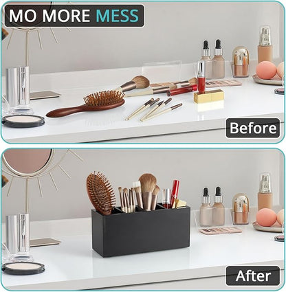 Bivvclaz Pencil Pen Holder for Desk, Wooden Office Desk Organizers and Accessories with 4 Slots for Countertop, Makeup Brush Holder Organizer for Bathroom Vanity, Silverware Caddy for Party, Black