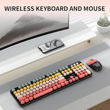 Wireless Keyboard and Mouse, MOFII 104 Round Keycaps Retro Typewriter with OTG & Brush, Full-Size Ergonomic, Ideal for Windows PC, Home, Office and College Rainbow Red