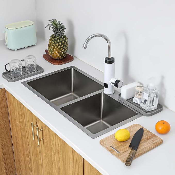 Silicone Kitchen Sink Organizer Tray for Multiple Usage,Eco-Friendly Sponges Holder for Kitchen Bathroom Counter or Sink,Dish Soap Dispenser,Scrubber,Bottle,Cup (Grey, 10"×5.3")