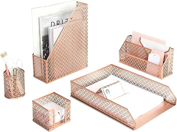 BLU MONACO Rose Gold Desk Organizer Set – 6-Piece Desk Accessories for Mail, Sticky Notes, Pens, Magazines & Documents