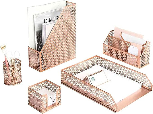 BLU MONACO Rose Gold Desk Organizer Set – 6-Piece Desk Accessories for Mail, Sticky Notes, Pens, Magazines & Documents