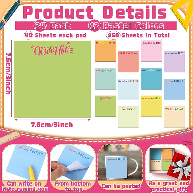 Yinder 24 Pcs Inspirational Sticky Notes Christmas Stocking Stuffers Motivational Sticky Notes Pad Employee Appreciation Gift Bulk for Teacher Nurse Coworker Office 3 x 3'' (Thank You,Elegant Color)