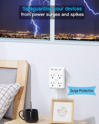 Flat Multi Plug Extender with 3 USB Wall Charger(1 Type C), 4 Outlet Wall Adapter, 4 ft Thin Extension Cord, Flat Plug Surge Protector Power Strip for Home, Office, College Dorm. White