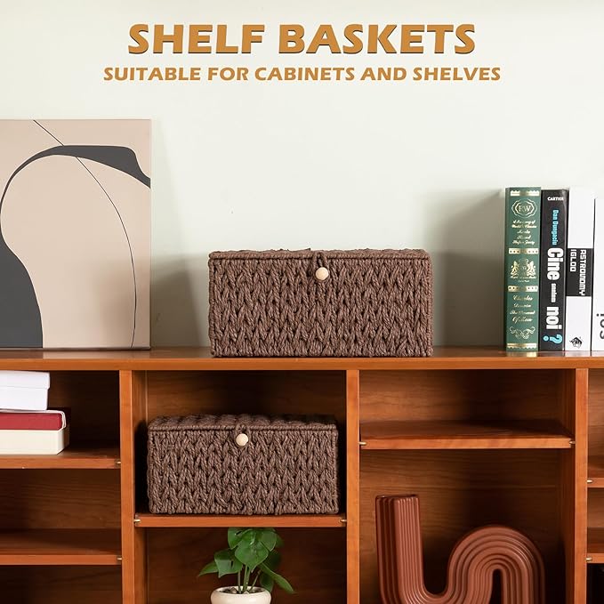 OIAHOMY Wicker Storage Basket with Lid & Lock, Lidded Storage Bins, Decorative Baskets for Organizing, Set of 2-Brown