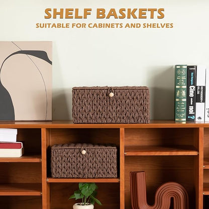 OIAHOMY Wicker Storage Basket with Lid & Lock, Lidded Storage Bins, Decorative Baskets for Organizing, Set of 2-Brown