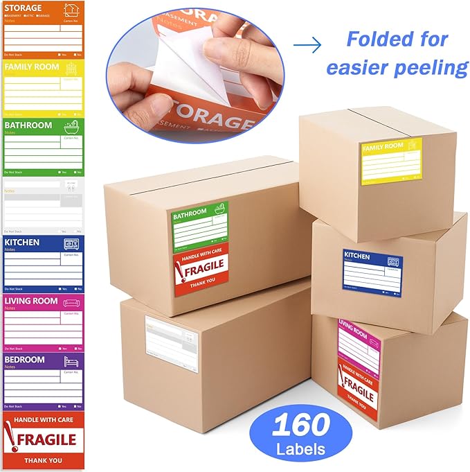 6 x 4 in Large Moving Labels for Boxes, Home Moving Packing Color Coded Stickers Supplies Labels with Writable Notes Areas, Fragile Blank Moving Boxes Stickers 160pcs
