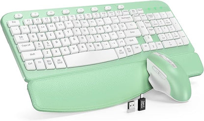 SABLUTE Wireless Keyboard and Mouse Combo, Ergonomic Wave Keys, Cushioned Plam Rest, Comfortable Silent Natural Typing, 2.4G Lag-Free, Full Size Keyboards Cordless Set for Multi-OS, Windows/Mac, Green