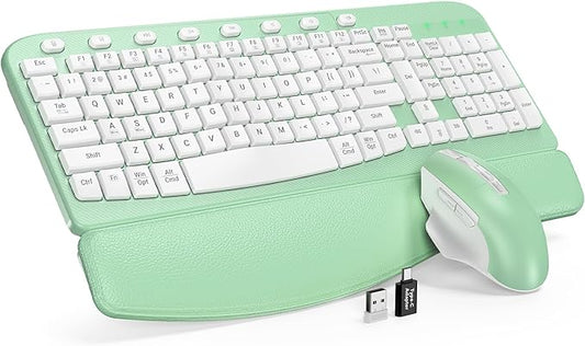 SABLUTE Wireless Keyboard and Mouse Combo, Ergonomic Wave Keys, Cushioned Plam Rest, Comfortable Silent Natural Typing, 2.4G Lag-Free, Full Size Keyboards Cordless Set for Multi-OS, Windows/Mac, Green