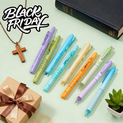 WRITECH Bible Mate Journaling Set: No Bleed Bible Highlighters & 0.7mm Black Ink Ballpoint Pens, Fast-Drying Ink, Pastel Colors Highlighter, Journaling Kit, 9ct