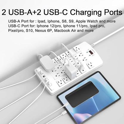 Surge Protector Power Strip - QINLIANF 20Ft Flat Plug Heavy Duty Extension Cord with 24 Outlets and 4 USB Ports(2 USB-C Ports), 1875W/15A, 4100J, for Home, Office, Dorm, ETL Listed, White