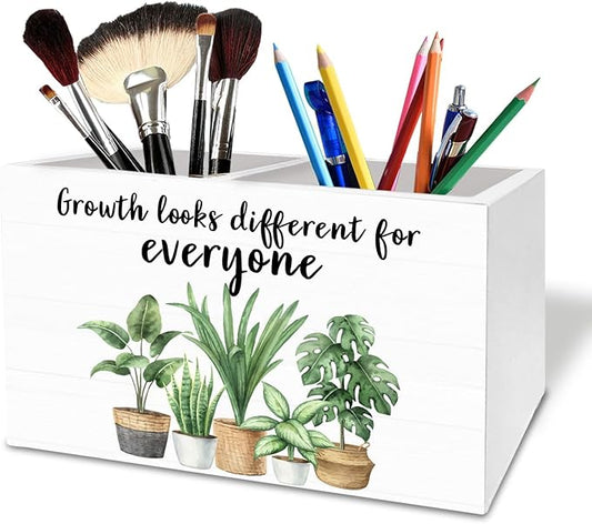 Inspirational Pen Holder for Desk, Growth Looks Different for Everyone Wooden Box Sign Desk Decor for Therapy Office Decoration, Mental Health Pencil Organizer, Growth Mindset Decor