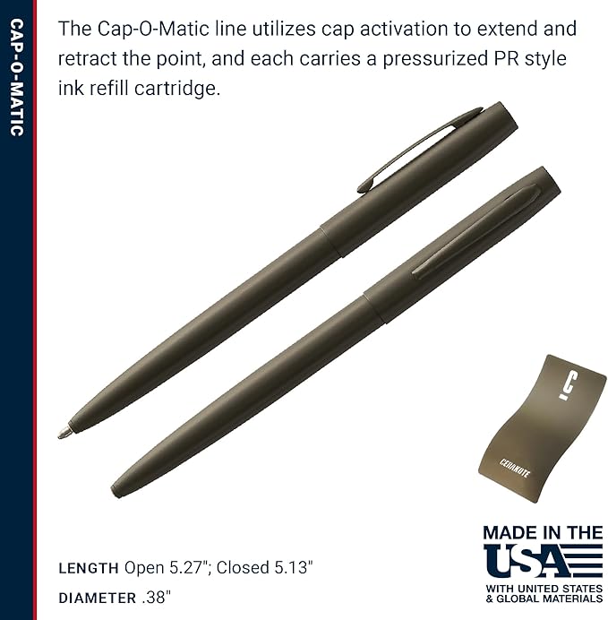 Fisher Space Pen Cap-O-Matic Pen, Ballpoint, O.D. Green, Cerakote Finish, Pocket Clip, Black Ink