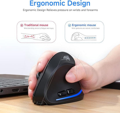 ECHTPower Ergonomic Wireless Mouse, Bluetooth Vertical Mouse with LED Light, Control Up to 3 Devices (BT5.0+BT5.0+2.4GHz), Adjustable DPI 2400/1600/1000, for PC, Laptop, Mac, Windows