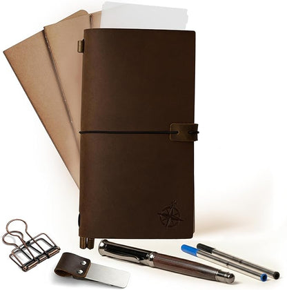 WANDERINGS Regular Size Travelers Notebook/Handcrafted Genuine Leather Journal - 4.5"x8.5" / 11.5cm x 22cm - Includes a Pen Holder with a Pen and 2 extra Ink Refills, a PVC Folder, and a Binder Clip