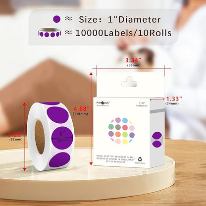 PARLAIM 1 Inch Round Color-Code Dot Stickers,10000per/10 Rolls dots Label Dispenser Box, Purple Circle Stickers Label for Office Home (Purple)