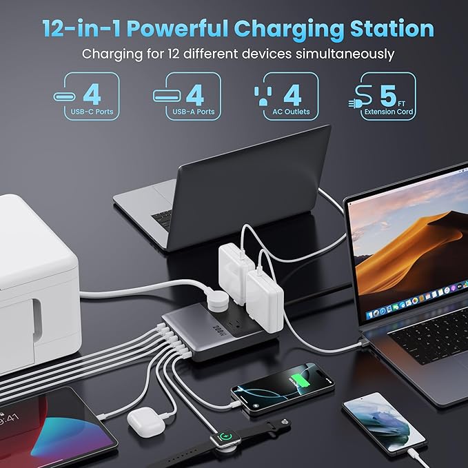 12-in-1 Charging Station USB C Power Strip with 5ft Cord and Plug,200W GaN IV USB C Charger Block,4 AC Outlets,4 USB-A,4 USB-C for MacBook,iPhone 17/16/15,Fast Charging Desktop Charger for Office,Home