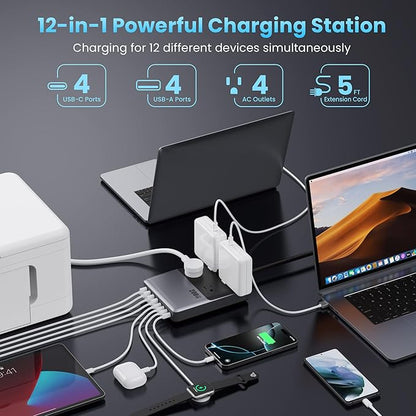 12-in-1 Charging Station USB C Power Strip with 5ft Cord and Plug,200W GaN IV USB C Charger Block,4 AC Outlets,4 USB-A,4 USB-C for MacBook,iPhone 17/16/15,Fast Charging Desktop Charger for Office,Home