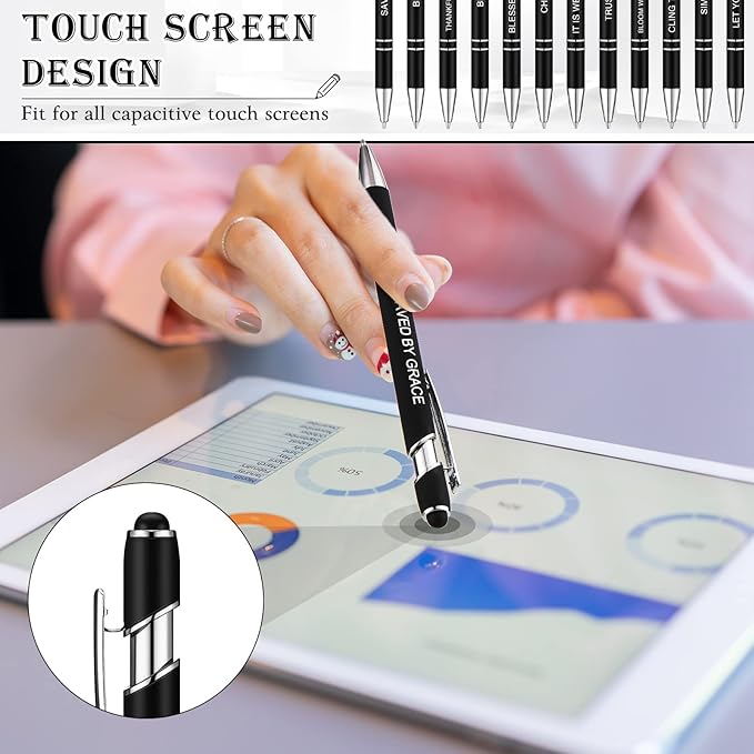Zonon 12 Pcs Inspirational Pens Bulk Funny Ballpoint Pen with Stylus Tip Motivational Gifts for Christmas Teacher Coworkers Nurse School Office Supplies(Black,Bible Style)