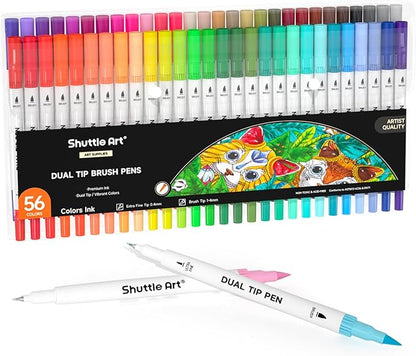 Shuttle Art Dual Brush Marker Pens, 56 Colors Water-based Ink, Dual Tip Calligraphy Pens Fineliner and Brush Tip perfect for Kids Adult Artist, Hand Lettering, Journal, Doodling, Writing