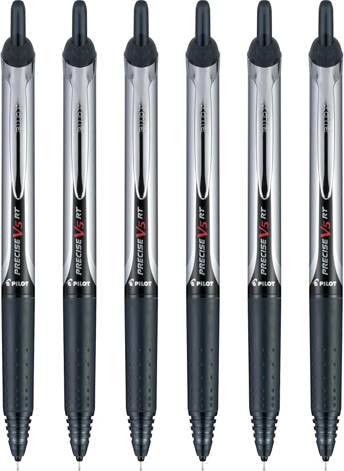 Pilot Precise V5 RT Refillable & Retractable Rollerball Pens, Extra Fine Point Pens 0.5 mm, Black, Pack of 6 - Ideal for School, Journaling & Office Writing
