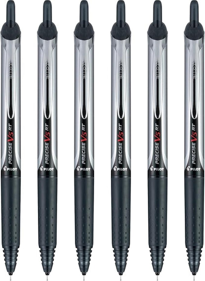 Pilot Precise V5 RT Refillable & Retractable Rollerball Pens, Extra Fine Point Pens 0.5 mm, Black, Pack of 6 - Ideal for School, Journaling & Office Writing
