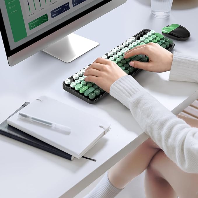 Wireless Keyboard and Mouse Combo, MOWUX Full Size Typewriter Retro Round Computer Keyboard, Cute Optical Mouse Wireless, Plug and Play, for Laptop, PC, Computer-Green Gradient Colorful