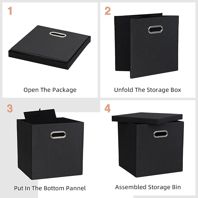 Storage Bins with Lids, Collapsible Linen Fabric Boxes Organizer Containers with Lid Foldable Storage Box Basket for Closet, Shelves, Home, Office, 12 x 12 x 12.4 Inch, 4 Pack, Black