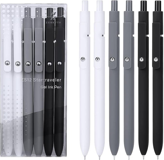 FIOVER Gel Pens,6Pcs Fine Point Smooth Writing Pens 0.5mm Black Gel Ink, High-End Series Ballpoint for Journaling Note Taking, Gifts for Women Men (6pcs-Black, Gray, White)