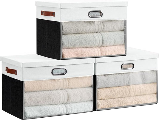Fabric Clear Window Storage Bins with Lid, Closet Storage Box Linen Closet Baskets with 3 Handles for Organizing Clothing, Jeans, Shelves 17''- 3 Pack (Black and White)