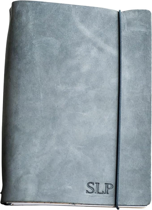 Ox & Pine Personalized Premium Refillable Leather Journal - Professional Elastic Closure - Made From Full Grain Leather - Refillable Notebook or Sketchbook (6x8, Unlined Paper, Rustic Gray)