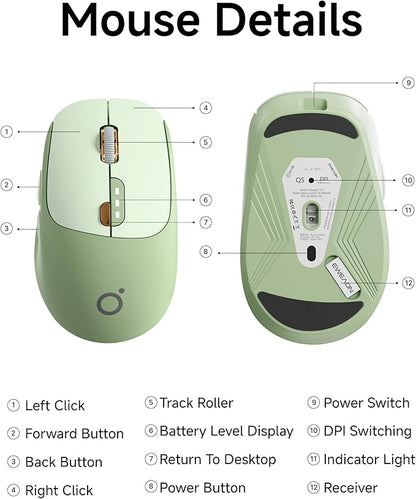 EWEADN Q5 Wireless Mouse, Bluetooth & 2.4G Quiet Computer Mouses with 1600 DPI, Battery Level Display, Ergonomic Office Mouse,6 Button Portable Cute Cordless Mice for Laptop/PC/Mac- Green