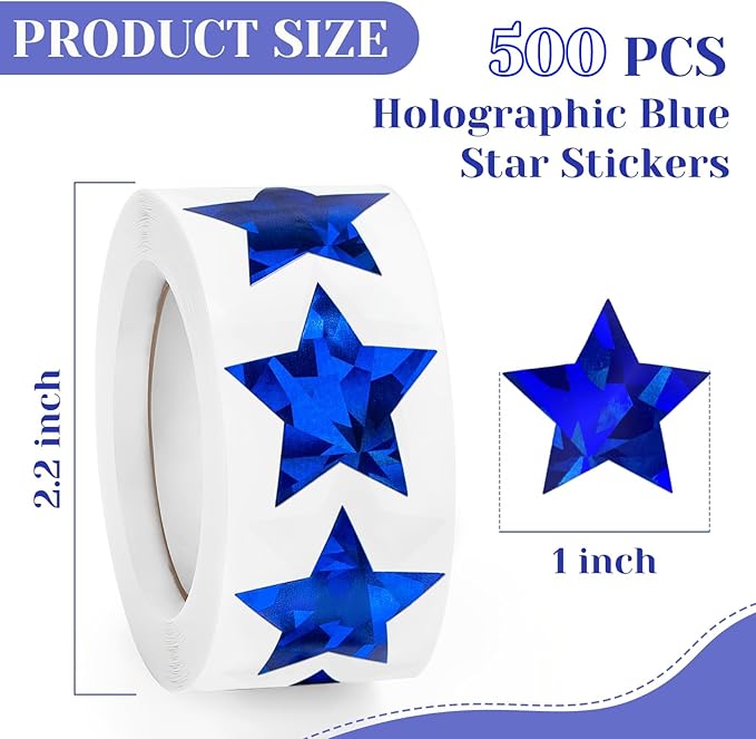 500 PCS Holographic Blue Star Stickers, 1 inch Self Adhesive Metallic Glitter Foil Stickers Sparkly Star Sticker Reward Behavior Chart Labels for Kids Students Teachers Supplies