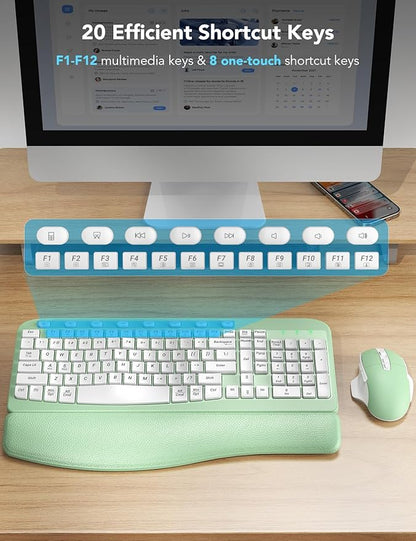 SABLUTE Wireless Keyboard and Mouse Combo, Ergonomic Wave Keys, Cushioned Plam Rest, Comfortable Silent Natural Typing, 2.4G Lag-Free, Full Size Keyboards Cordless Set for Multi-OS, Windows/Mac, Green