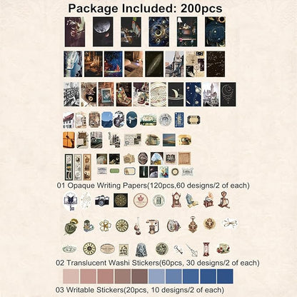 200PCS Vintage Scrapbooking Supplies Pack, Aesthetic Scrapbook Sticker Paper Art Journaling Kit for Bullet Junk Journals,Planner,Cottagecore Decor Gifts (Space)