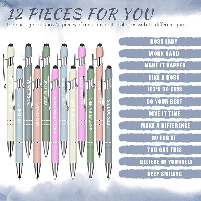 Zonon 12 Pcs Inspirational Pens Bulk Funny Ballpoint Pen with Stylus Tip Motivational Gifts for Christmas Teacher Coworkers Nurse School Office Supplies(Morandi,Boss Lady)