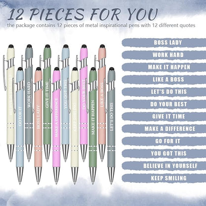 Zonon 12 Pcs Inspirational Pens Bulk Funny Ballpoint Pen with Stylus Tip Motivational Gifts for Christmas Teacher Coworkers Nurse School Office Supplies(Morandi,Boss Lady)