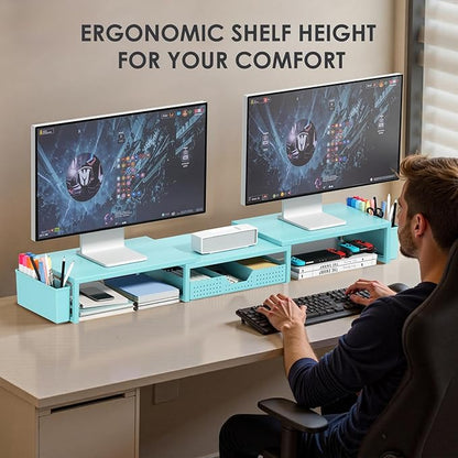 Desk Organizers and Accessories, Dual Monitor Stand Riser with Drawer and 2 Pen Holders, Desk Shelf Metal Computer Monitor Stand for Office Workspace Organizers, Desktop Organization (Blue)