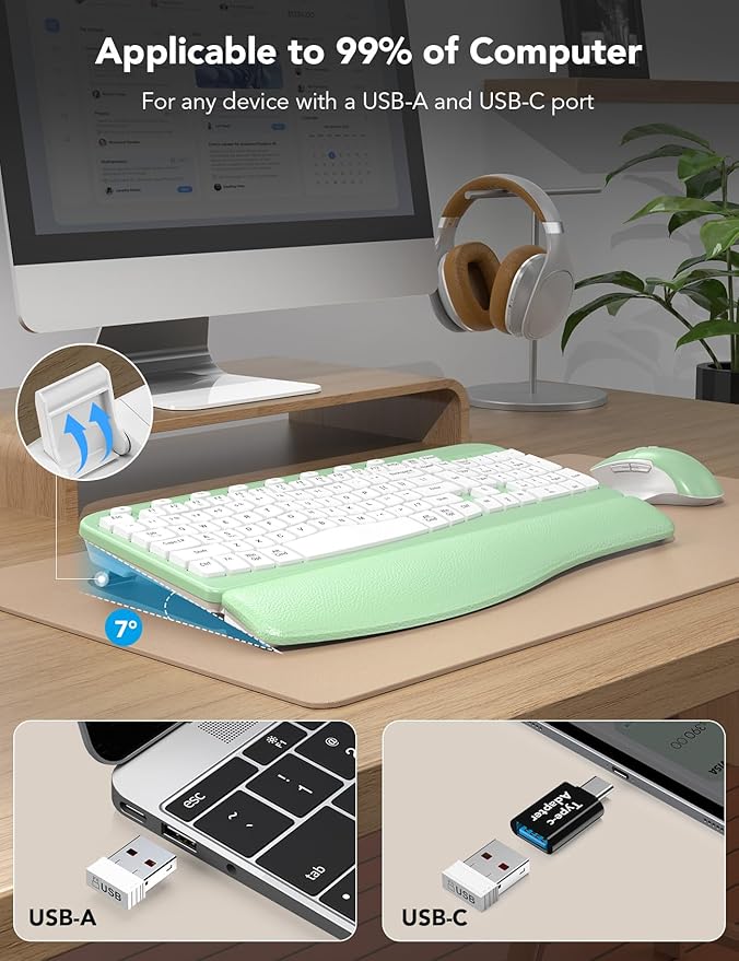 SABLUTE Wireless Keyboard and Mouse Combo, Ergonomic Wave Keys, Cushioned Plam Rest, Comfortable Silent Natural Typing, 2.4G Lag-Free, Full Size Keyboards Cordless Set for Multi-OS, Windows/Mac, Green