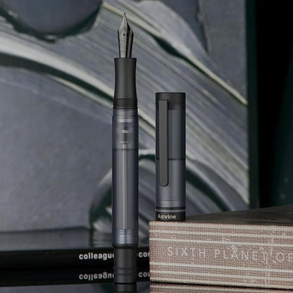Asvine V200 Titanium Fountain Pen Vacuum Filling, Matte Black Bock Extra Fine Nib Clear Demonstrator Acrylic with Pen Case and Wrench