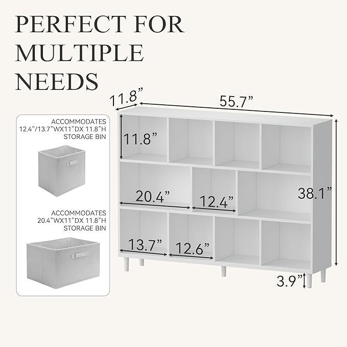 Wood Cube Storage Organizer White Bookshelf - 3-Tier Freestanding Storage Cabinet with Legs for Home Office, 11-Cubes Open Shelf