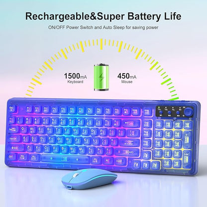 Blue Light Up Keyboard and Mouse Wireless,Cute 2.4Ghz Cordless Rechargeable Transparent Backlit Keyboard,15 Backlight Effects,Volume Knob,RGB Mouse with 3 DPI for Mac Computer PC Laptop Desktop iPad