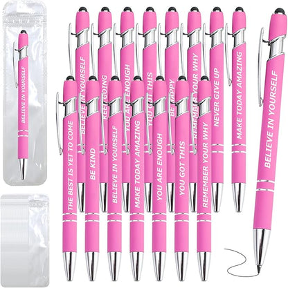 60 Piece Inspirational Pens Kit with Stylus Tip & Sayings – 30 Motivational Pen + 30 Individual Bags – Uplifting Quote & Positive Ideas – For Teachers, Office, School, Meetings, Team Events(Pink)