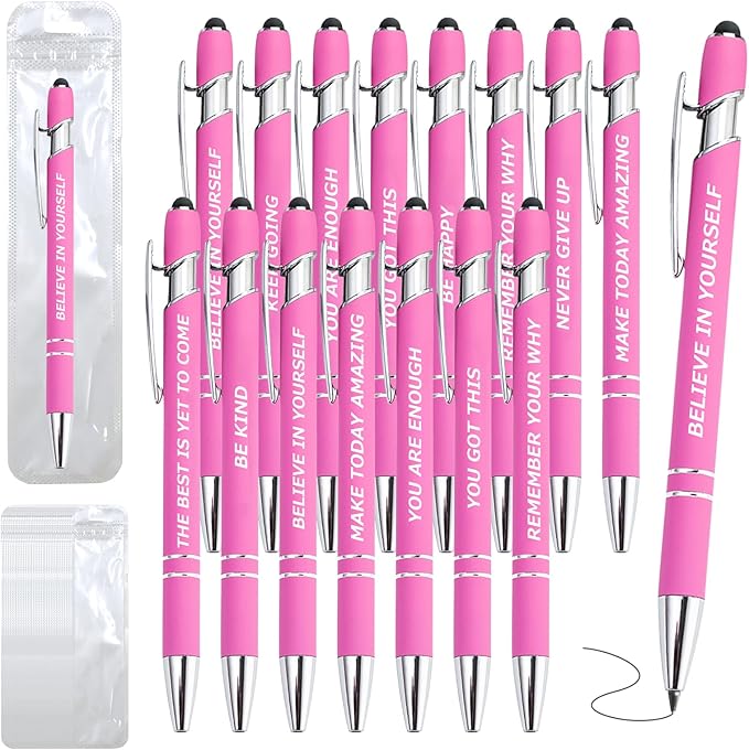 100 Piece Inspirational Pens Kit with Stylus Tip & Sayings – 50 Motivational Pen + 50 Individual Bags – Uplifting Quote & Positive Ideas – For Teachers, Office, School, Meetings, Team Events(Pink)