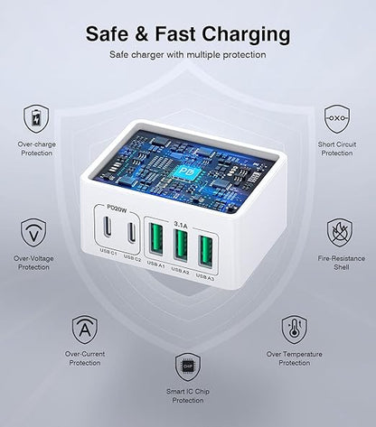 USB C Charger Block Thin Flat 50W 5-Port Wall Charger 2-Pack Type C Fast Charger Cube, PD&QC Wall Plug Power Adapter Compatible for iPhone 14/15/16/17, iPad, Airpods, iwatch, Samsung