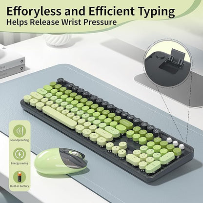 Wireless Keyboard and Mouse, MOFII 104 Round Keycaps Retro Typewriter with OTG & Brush, Full-Size Ergonomic, Ideal for Windows PC, Home, Office and College Gray Green